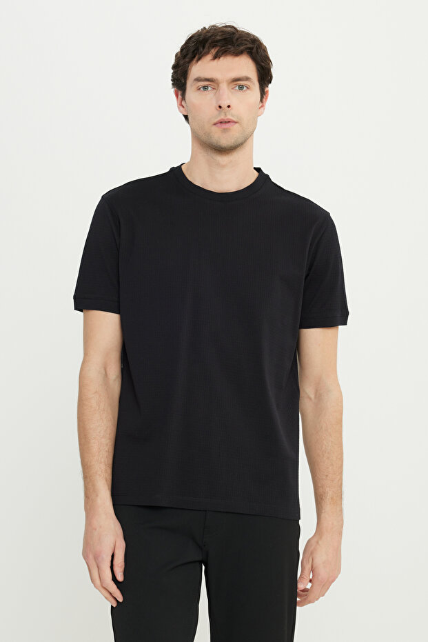 Men's Black 100% Cotton Slim Fit Slim Fit Crew Neck Jacquard T-Shirt