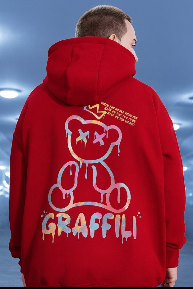 Men's Oversized Hooded Colorful Graffiti Bear Printed Hoodie