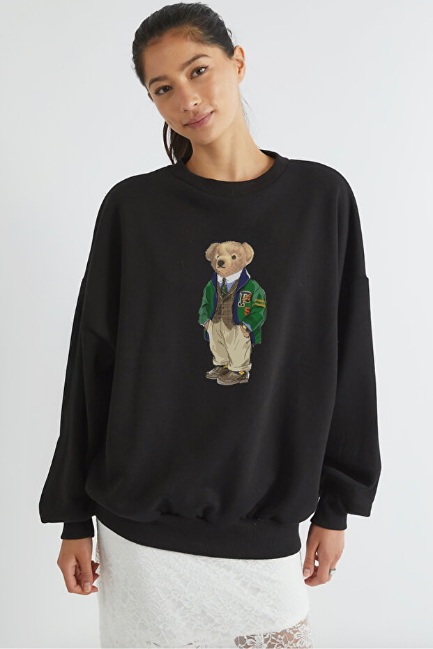 Women's Oversize Sweatshirt with Bear Print in Black – Crew Neck, 3 Thread Ribs