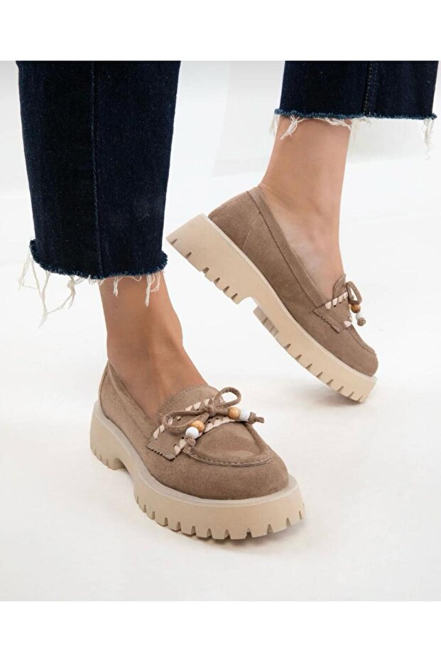 Thick Sole Suede with Ribbon Women's Loafer Mocassin