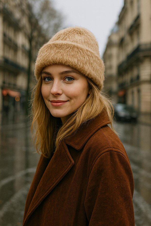 Camel Soft Textured Plush Foldable Women's Beanie