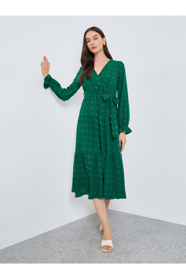 Emerald Green Swiss Dots Detail Midi Dress