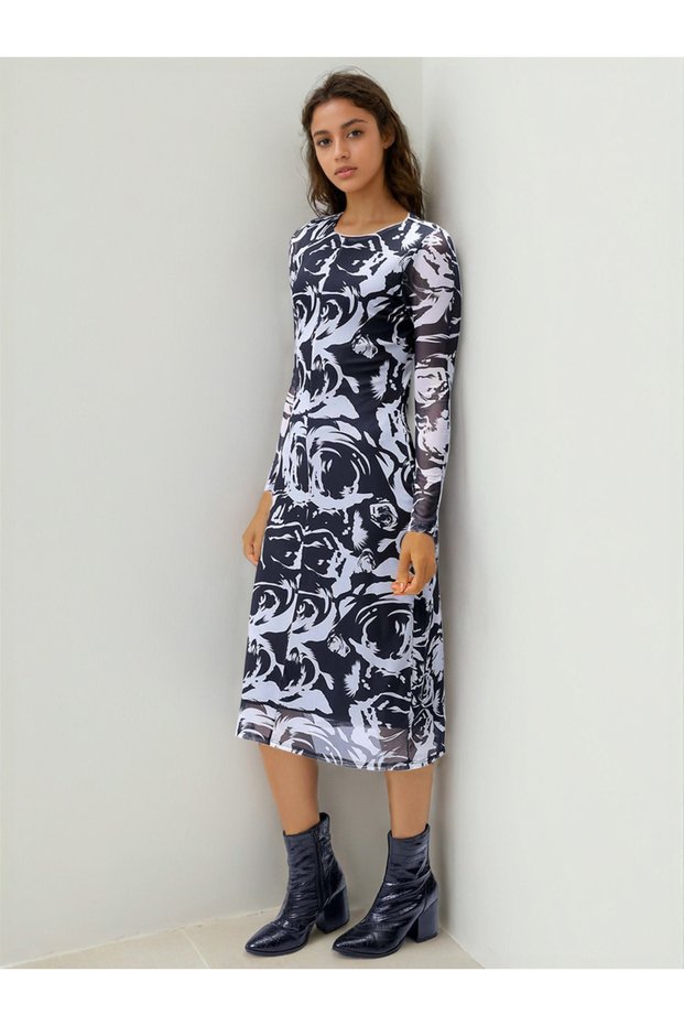 Black Floral Print Bodycon Midi Dress