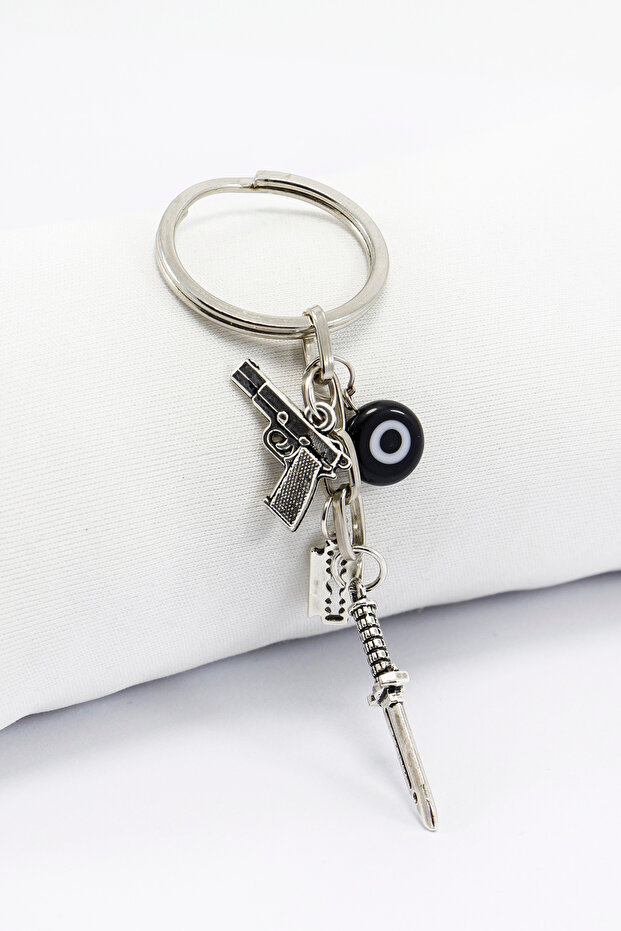 Men's Keychain Metal Keychain with Black Glass Evil Eye Bead, Gift Bag Ornament