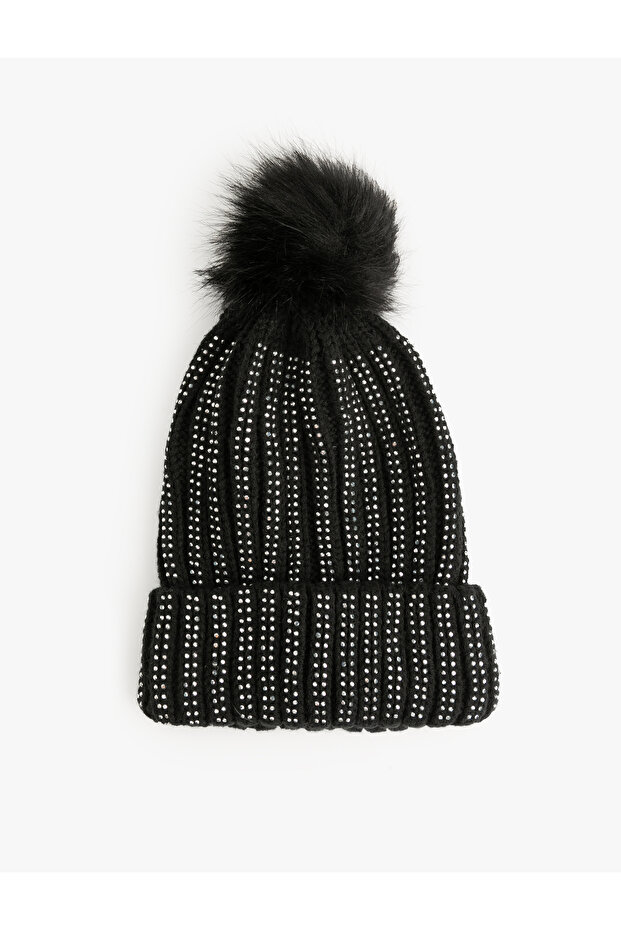 Artificial Plush Detailed Stone Knitwear Beanie