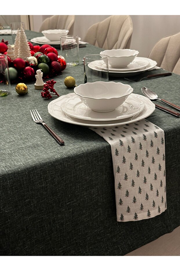 طقم مفرش طاولة رأس السنة بتأثير الكتان - 5