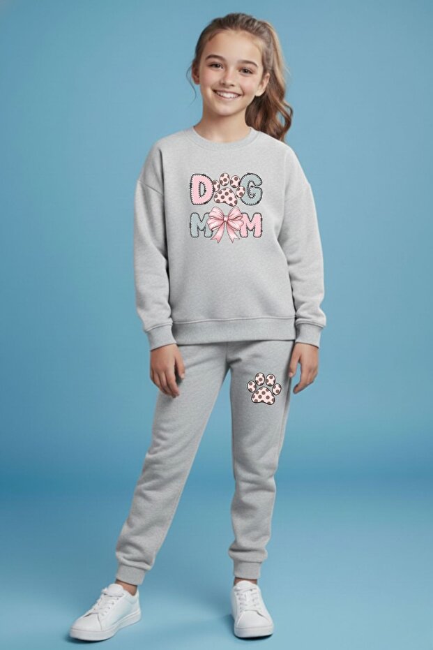 Girl's Dogmom Printed Crew Neck Tracksuit Set – Black & Grey