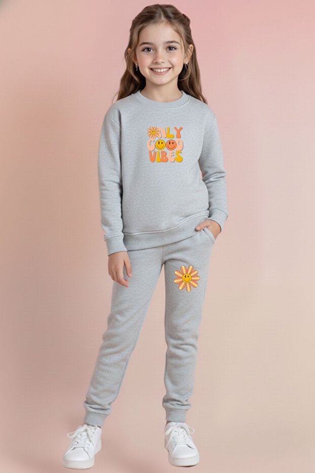 Girl's Vibes Printed Crew Neck Tracksuit Set – Black & Grey