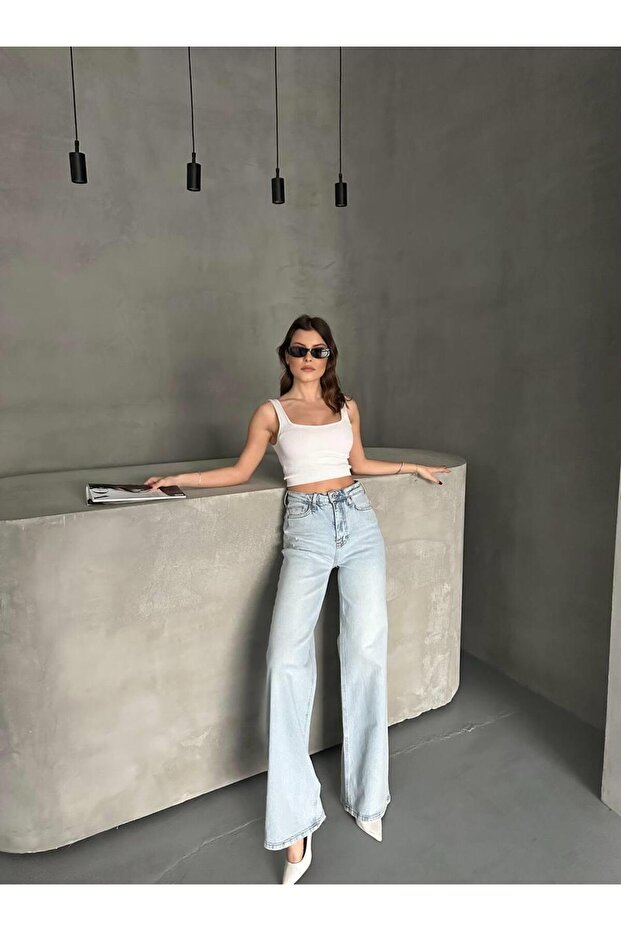 Wide Leg High Waist Stretch Fabric Jeans