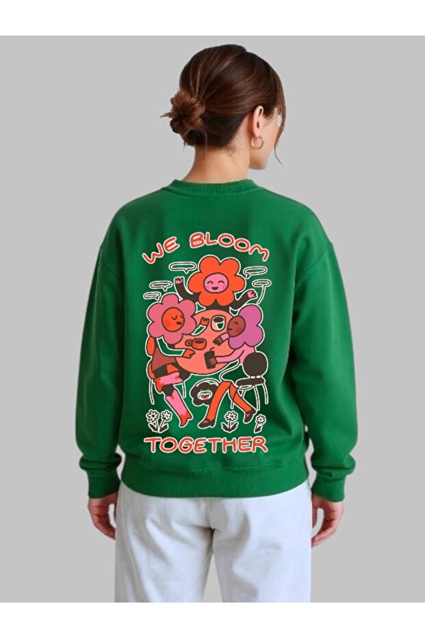 سويت شيرت بأكمام طويلة للجنسين We Bloom Together Transfer مطبوع مقاس كبير بياقة دائرية