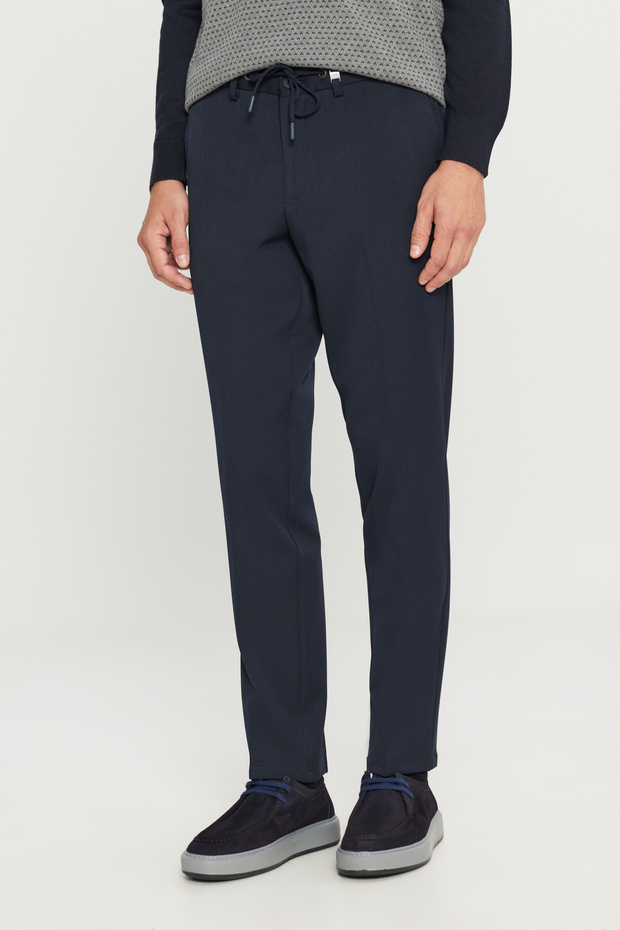 Men's Navy Blue Slim Fit Slim Fit Tie-Waist Casual Stretch Trousers with Side Pockets