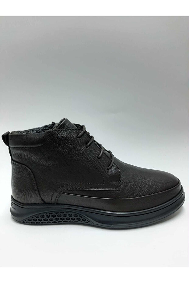 Genuine Leather Lace-Up Zippered Flexible Rubber Sole with Fur Inside Brown Winter Men's Boots