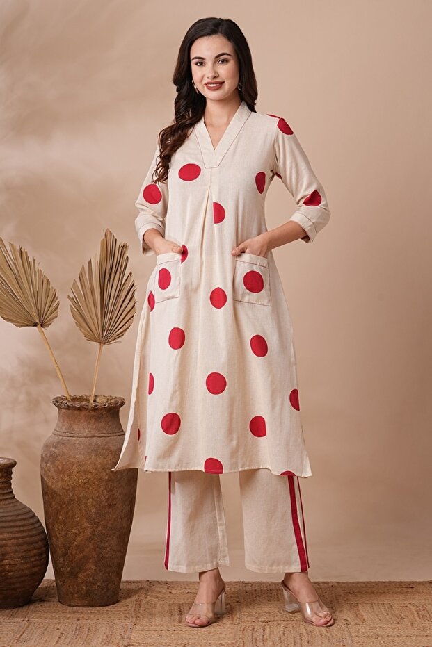 Polka Dot Printed A-Line Co-ord Set Off White | Indian Dress Ethnic Kurta Set for Women