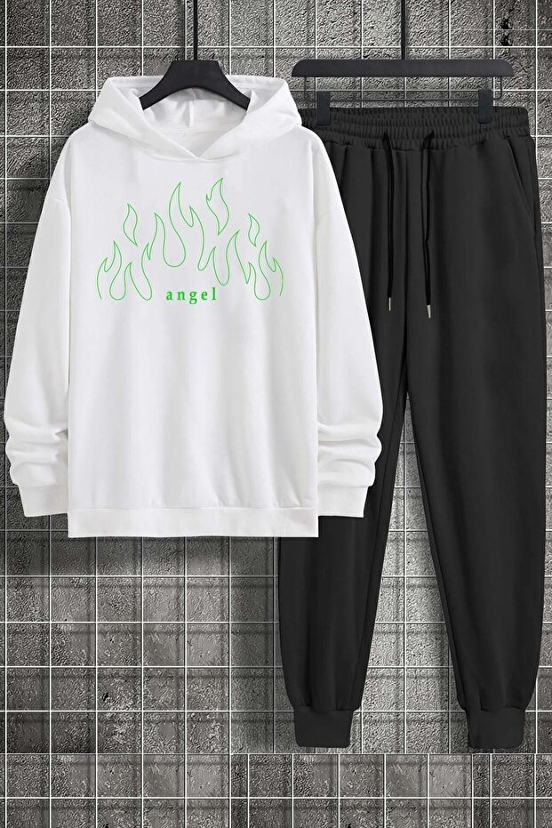 Unisex Hooded White Front Green Angel Printed Tracksuit Set