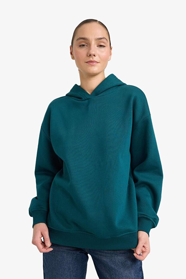 Relax Fit Kapüşonlu Basic Düz Kalın Sweatshirt D9935AX25WN - 3