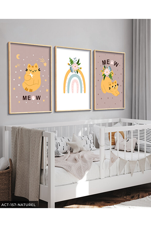 Cute Cat and Rainbow 3 Piece Wooden Framed Painting Act