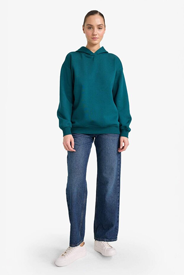 Relax Fit Kapüşonlu Basic Düz Kalın Sweatshirt D9935AX25WN - 2