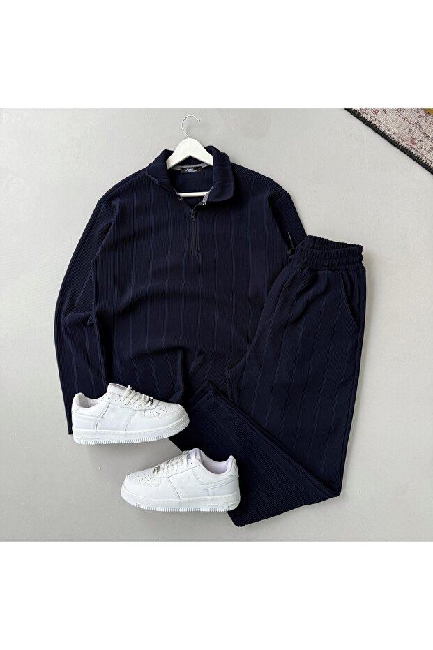 Vertical Striped Ottoman Fabric Zipper Detailed Men's Tracksuit Set