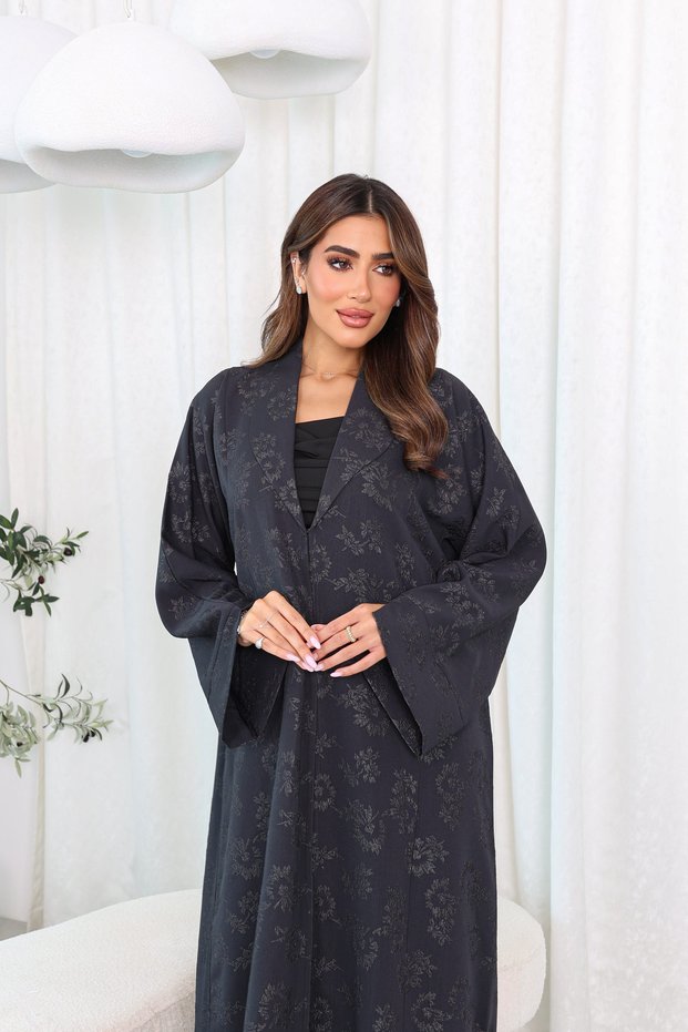 Premium Grey Jacquard Abaya for Women & Girls with Round Coat Collar | Elegant Office Abaya Design