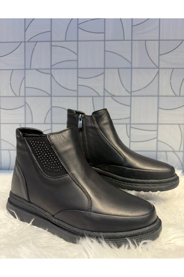 Yüce 111 Women's Black Genuine Leather Zippered Stone Embroidery Detail Mother Orthopedic Daily Boots