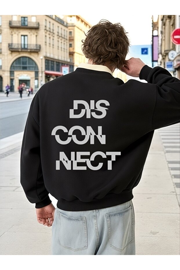 سويت شيرت بأكمام طويلة للجنسين من Disconnect Transfer مطبوع مقاس كبير ذو ياقة دراجة