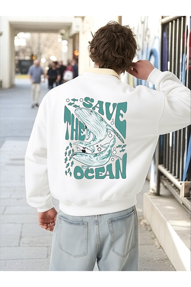سويت شيرت بأكمام طويلة للجنسين من Save The Ocean Transfer مطبوع مقاس كبير ذو ياقة دراجة هوائية