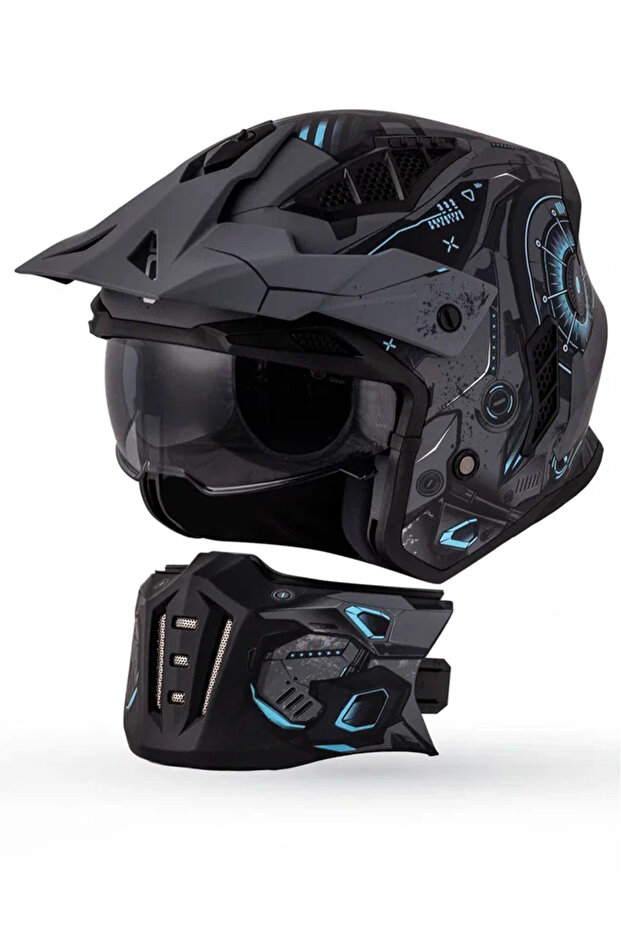 Helix Time Grey Mat Siyah-Mavi Modüler Kask - 3