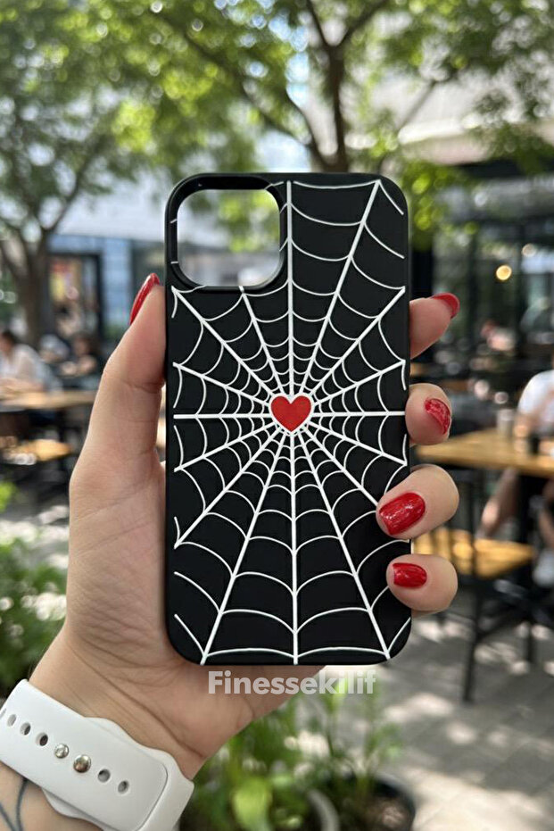 iPhone 15 Compatible Heart Spider Web Design Printed Black Launch Case - 1