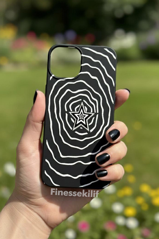 iPhone 15 Compatible Hypnotic Star Design Printed Black Launch Case - 1