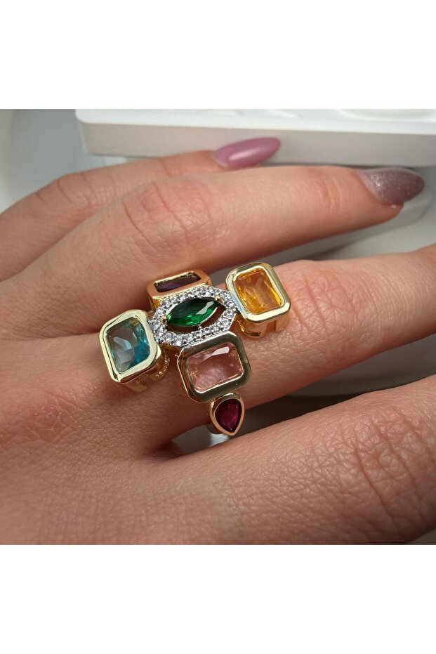 Adjustable Ring with Four Rectangular Colored Stones - 4