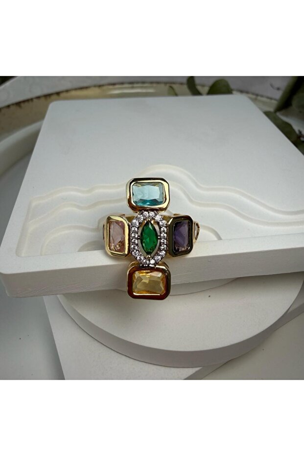 Adjustable Ring with Four Rectangular Colored Stones - 1