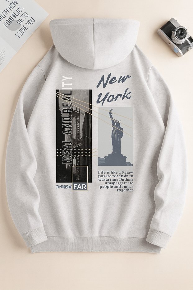 “New York Printed Hooded Sweatshirt, City-Themed Back Print, Comfortable Casual Oversized Unisex”