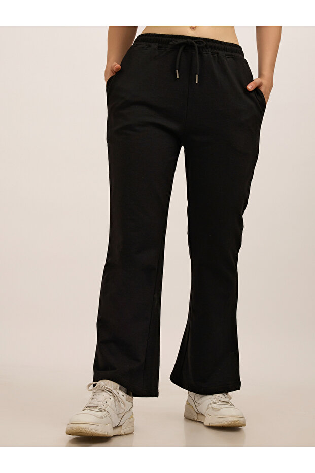 Black Basic Solid Flared Joggers - 2