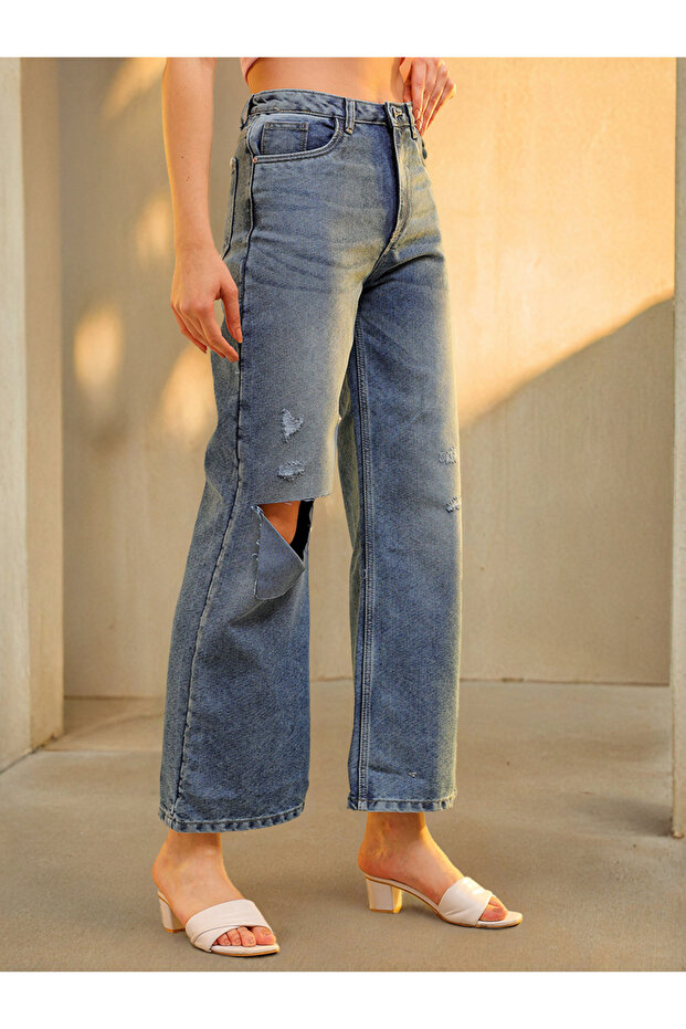 Blue Mid-Rise Ripped Flared Jeans