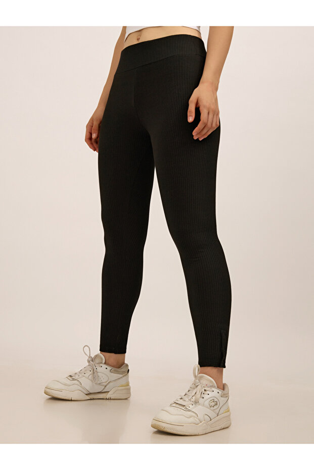 Black Ribbed Basic Solid Leggings - 1