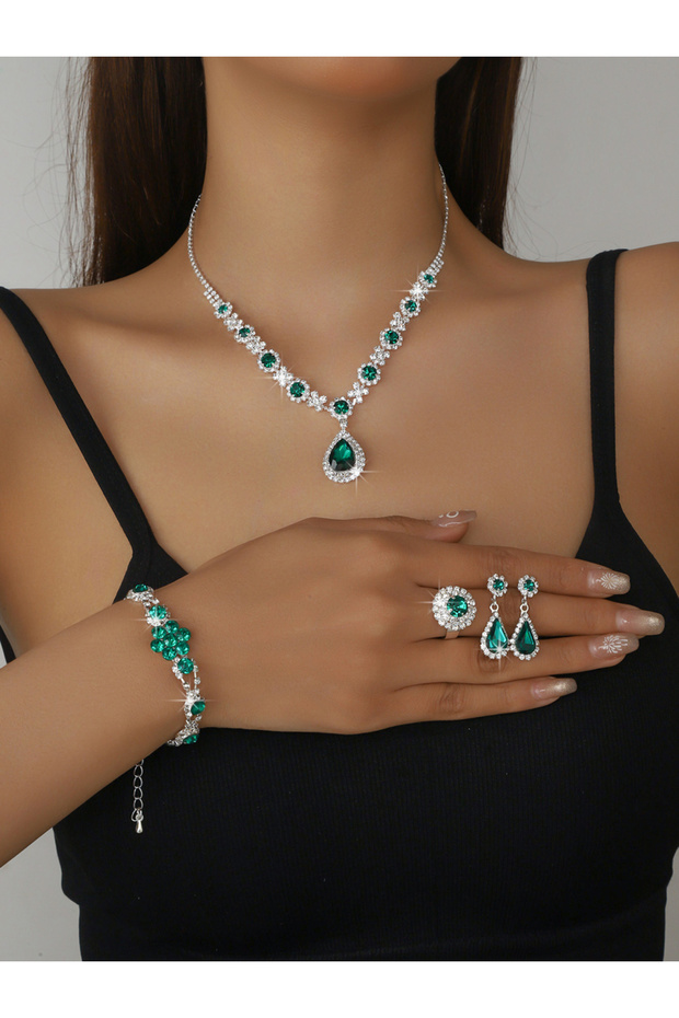Rhinestone Flower Necklace, Earrings, Ring and Bracelet Set