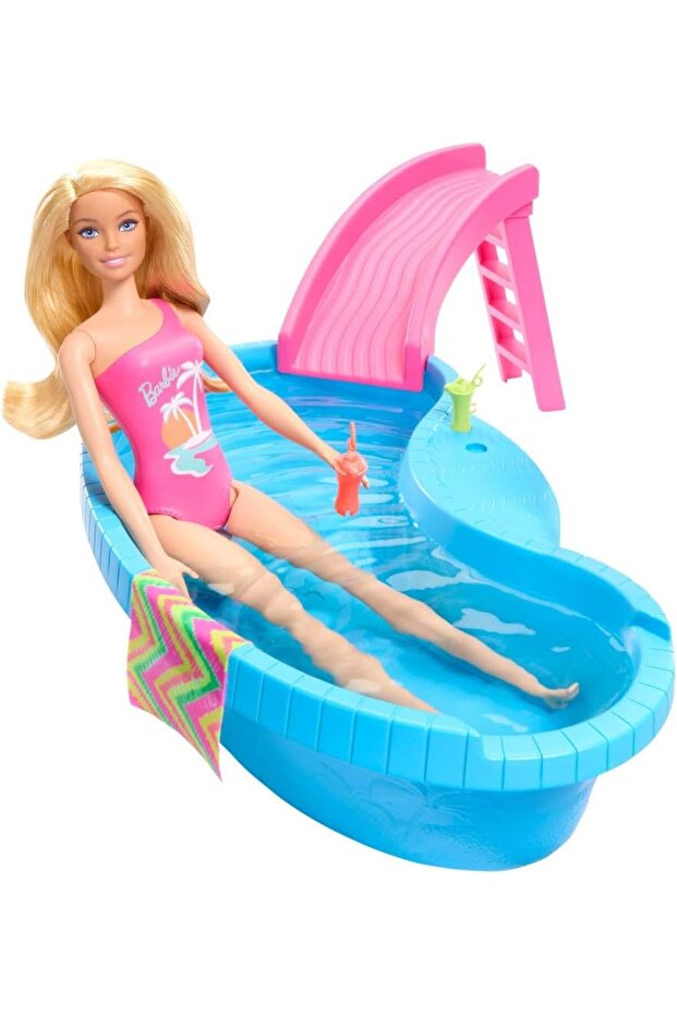 Doll and Pool Playset, Blonde with Pool, Slide, Towel and Drink Accessories - 2