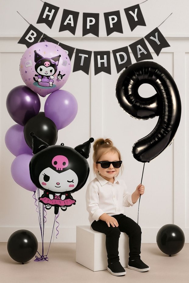 9 Year Old Kuromi Themed Birthday Balloon Set Black Number Happy Birthday Banner Flying Balloon