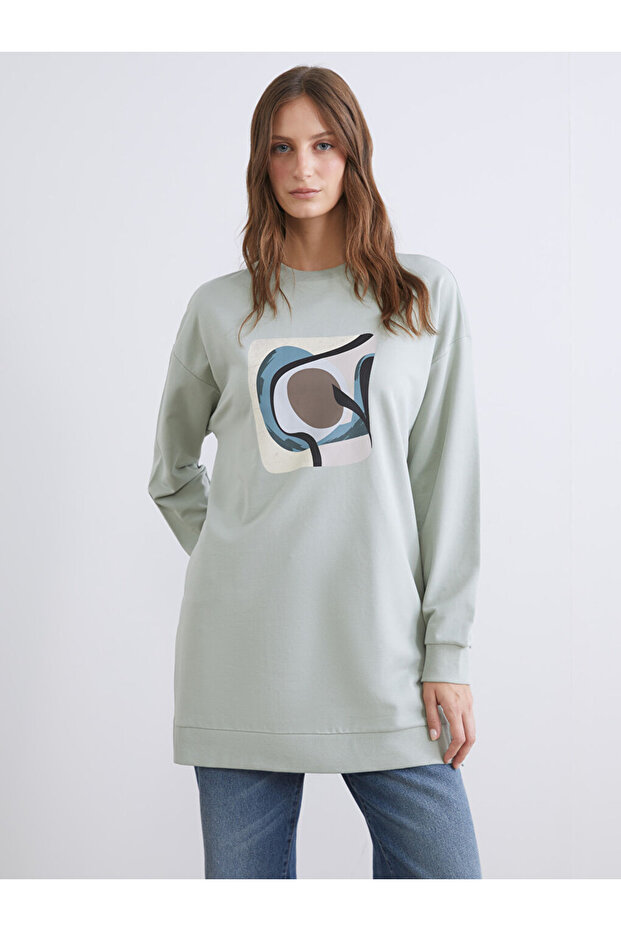 Basic Gri Baskılı Oversize Kadın Sweatshirt Tunik - 4