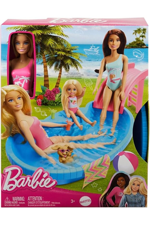 Doll and Pool Playset, Blonde with Pool, Slide, Towel and Drink Accessories - 3