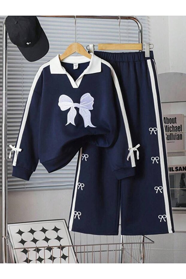 Girl's Ribbon Printed Collar Tracksuit Bottom-Top Set