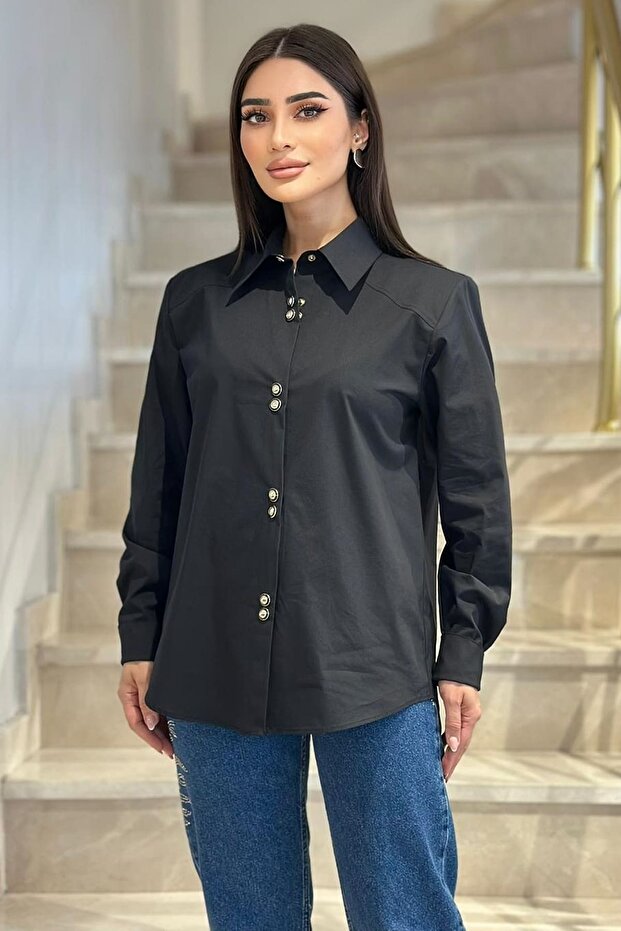 Minimal broş çıtçıtlı siyah poplin gömlek - 3