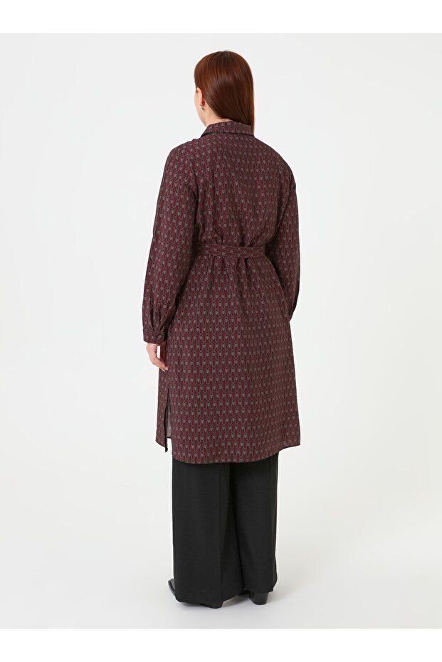 تونيك كبير الحجم مع حزام منقوش - عنابي - - 6