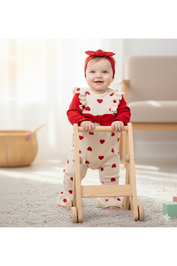 Bebella&Baby Red Heart Printed Bow Detailed Romper