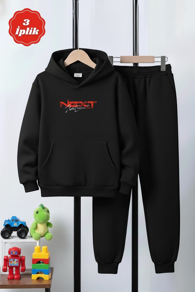 3 İplik Ş Fleece-Lined Winter Kangaroo Pocket K Hooded Print Detailed Boys' Tracksuit Set