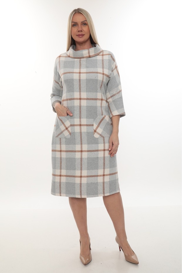 Lumberjack Fabric Degaje Collar Pocketed Dress Gray 7083