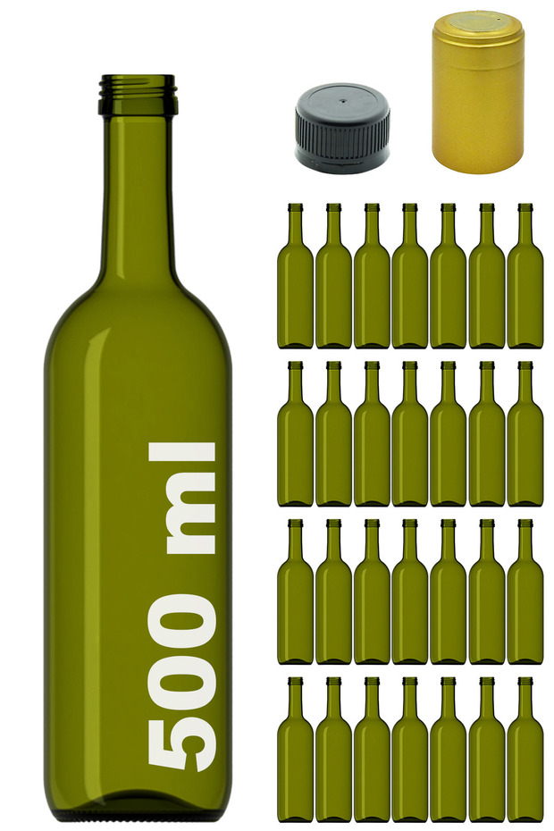 500 ml Green Olive Oil with Locking Cap and Hooded 500 Cc Round Empty Glass Bottles 28 Pieces