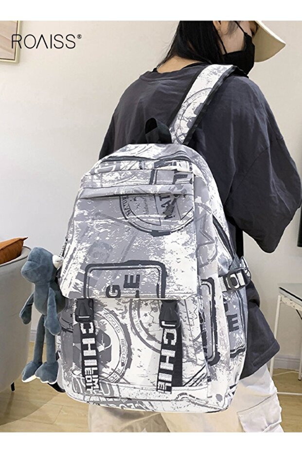 Unisex Trendy Graffiti Style Backpack Large Capacity Durable Smooth Zipper Comfortable Fabric Adjust