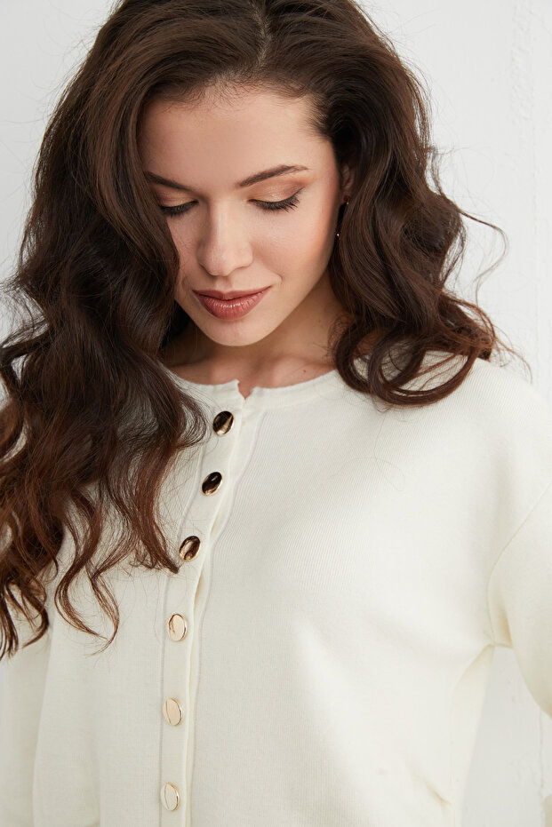 Yanları Drapeli Düğmeli Triko Hırka - 6