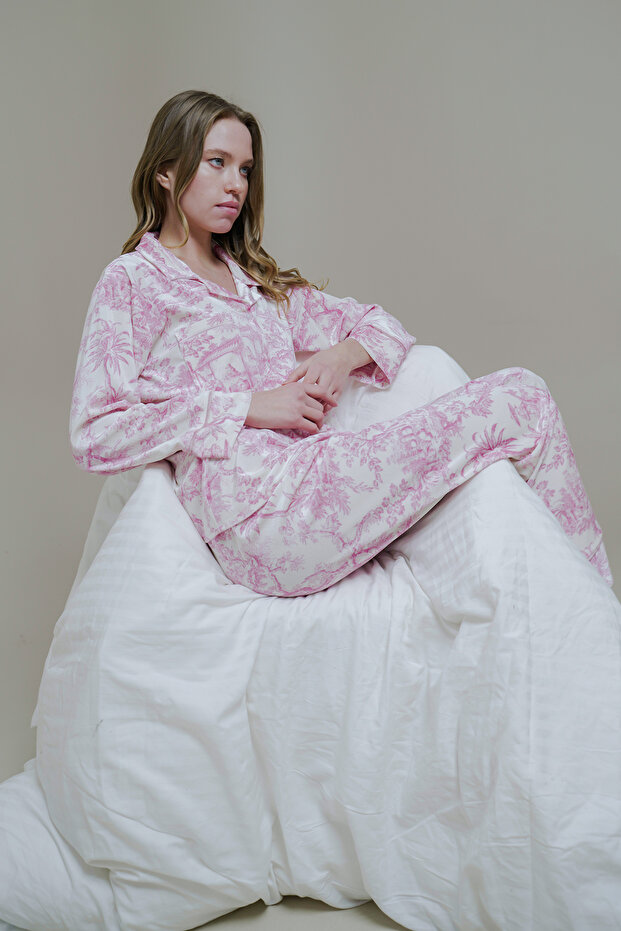 Pink Patterned Velvet Pajama Set - 3